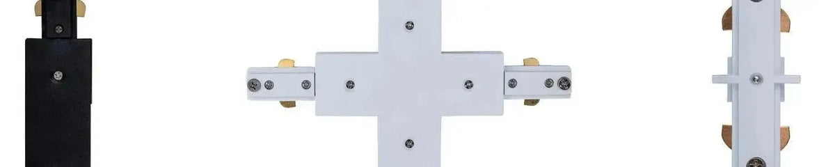 Black and white track lighting connectors featuring cross and straight joiners with exposed brass contact points
