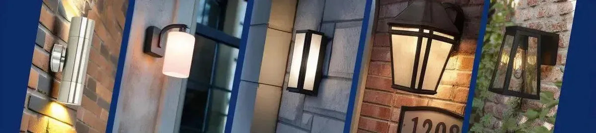Assorted modern and traditional wall lights mounted on exterior brick and stone walls with warm illumination