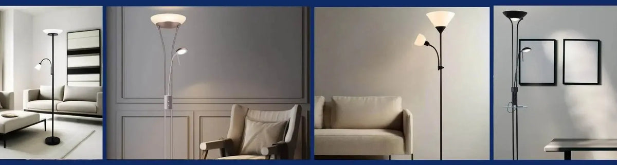 Modern mother and child floor lamps in black and silver finishes with adjustable reading lights in lounge settings