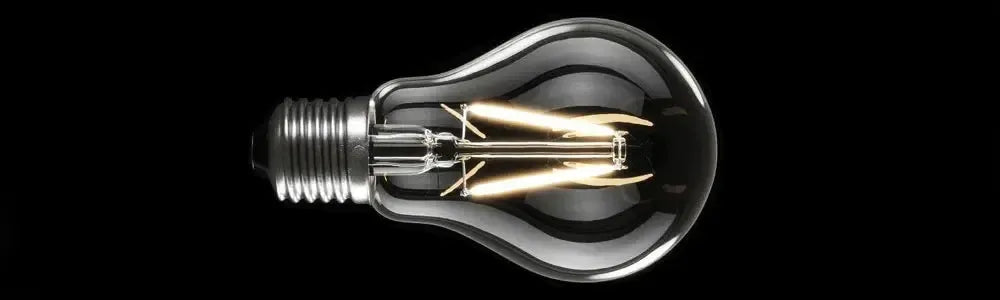 Clear glass E27 globe with a silver screw base and glowing internal filament against a black background