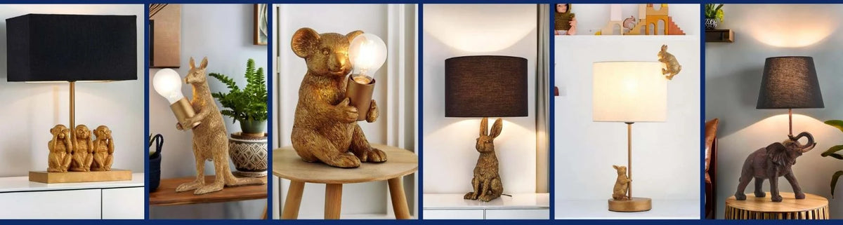 Gold and bronze animal table lamps with fabric shades displayed in various home interior settings