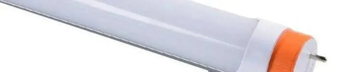 Cylindrical white frosted glass LED tube light with bright orange end caps and metal contact pins
