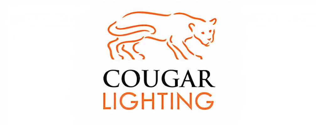 Orange line drawing of a prowling cougar above black and orange text on a white background