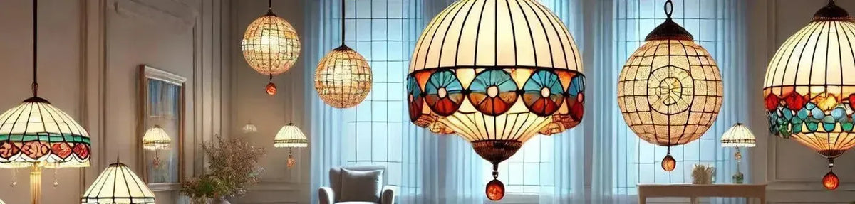 Round stained glass Tiffany pendant lights with bronze hardware hanging in a bright living room with sheer curtains