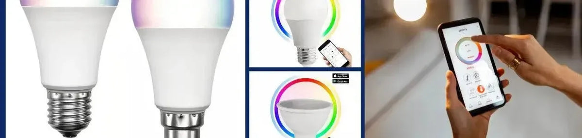 White smart globes with screw bases controlled by a mobile app to change colours in a modern home setting