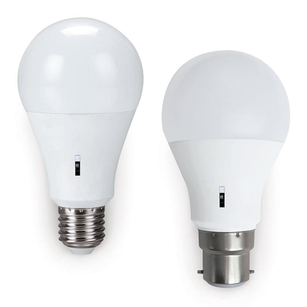 Two A60 globes with frosted white glass, white plastic bases, and a small black colour selection switch on the side