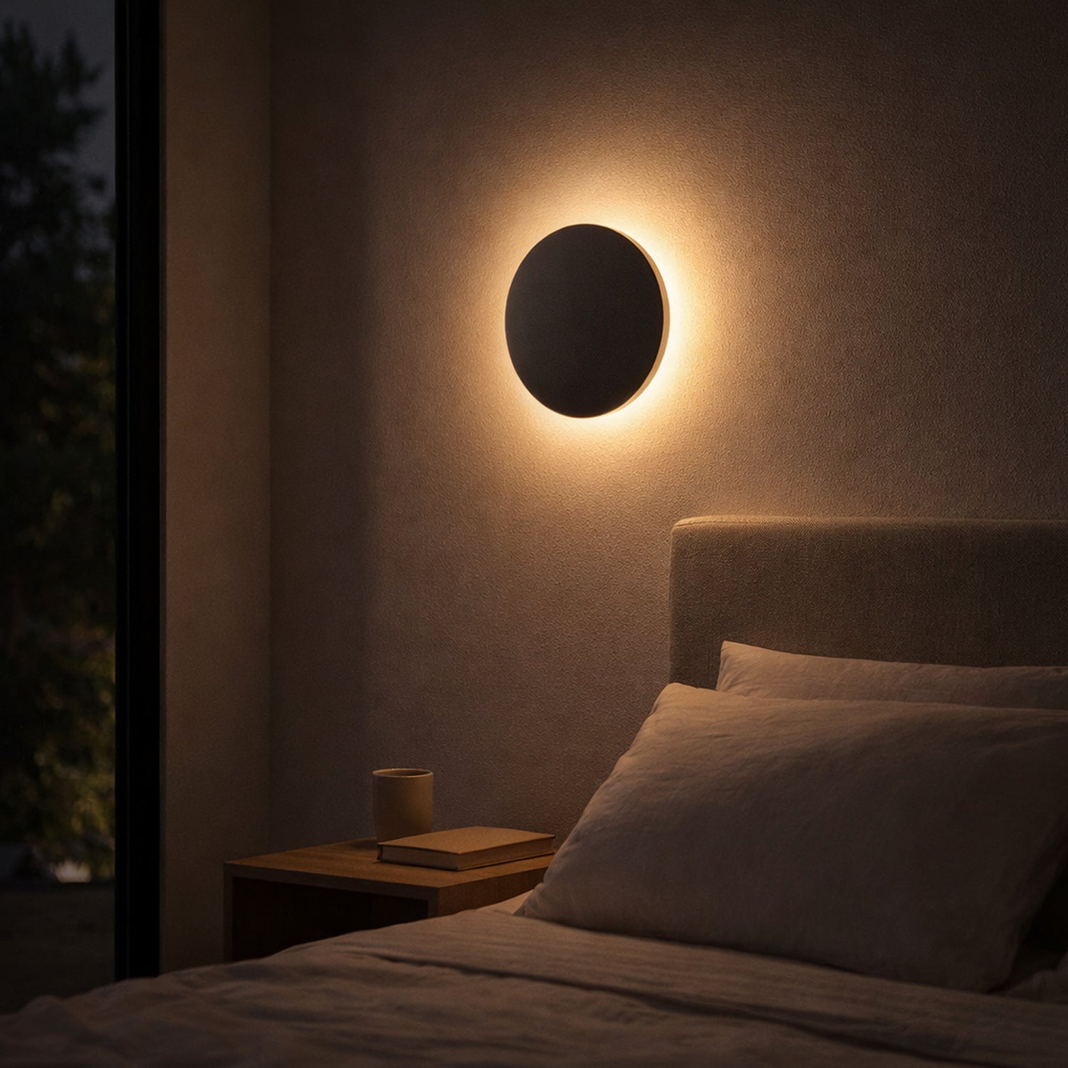Round matt black LED wall light creating a warm circular glow on a bedroom wall above a bedside table.