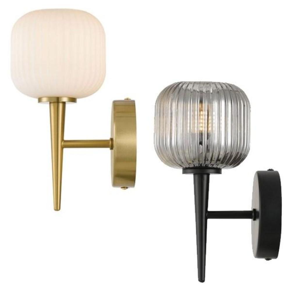 Bobo ribbed barrel wall lights in antique gold with opal glass and black with smoke glass finishes.
