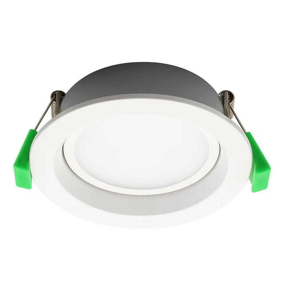 Round recessed ceiling light with green mounting hooks on a white background