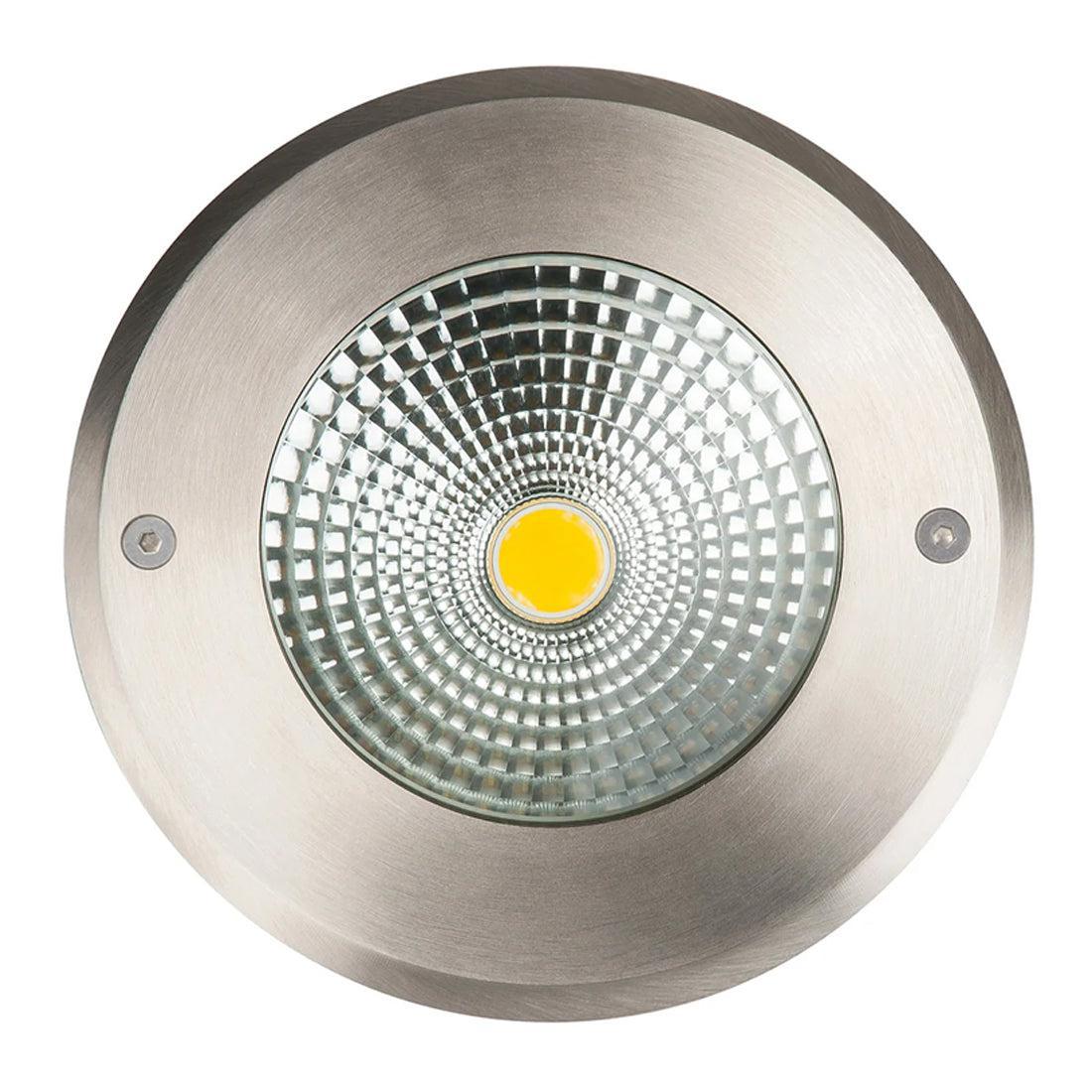 Round 316 stainless steel LED inground uplighter with a flush tempered glass lens and 10w integrated light source.