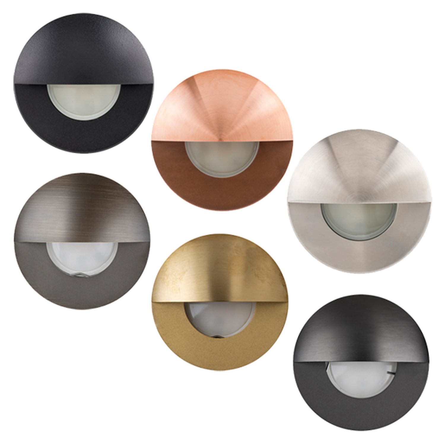 Collection of round Ollo LED eyelid step lights in various metallic and powder-coated finishes.