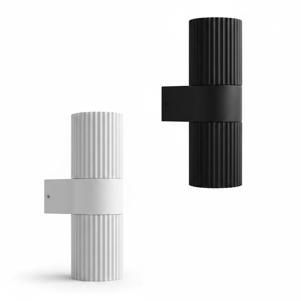 Nordic-inspired ribbed aluminium outdoor wall lights in matte white and black finishes with dual GU10 up-down glow.