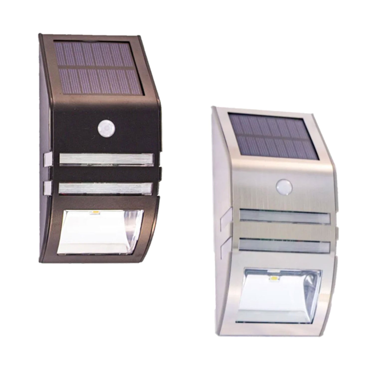 Black and stainless steel curved solar wall lights with top panels, central motion sensors, and bottom light diffusers