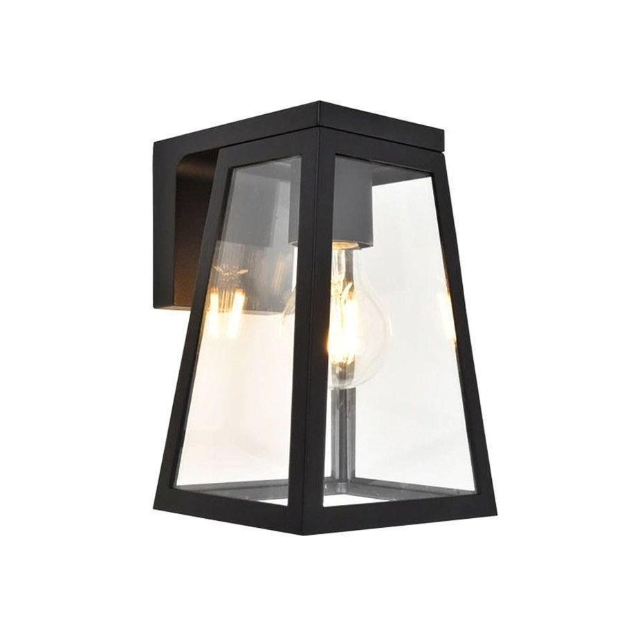 Matte black aluminium solar coach wall light with a classic lantern design and clear glass panels.