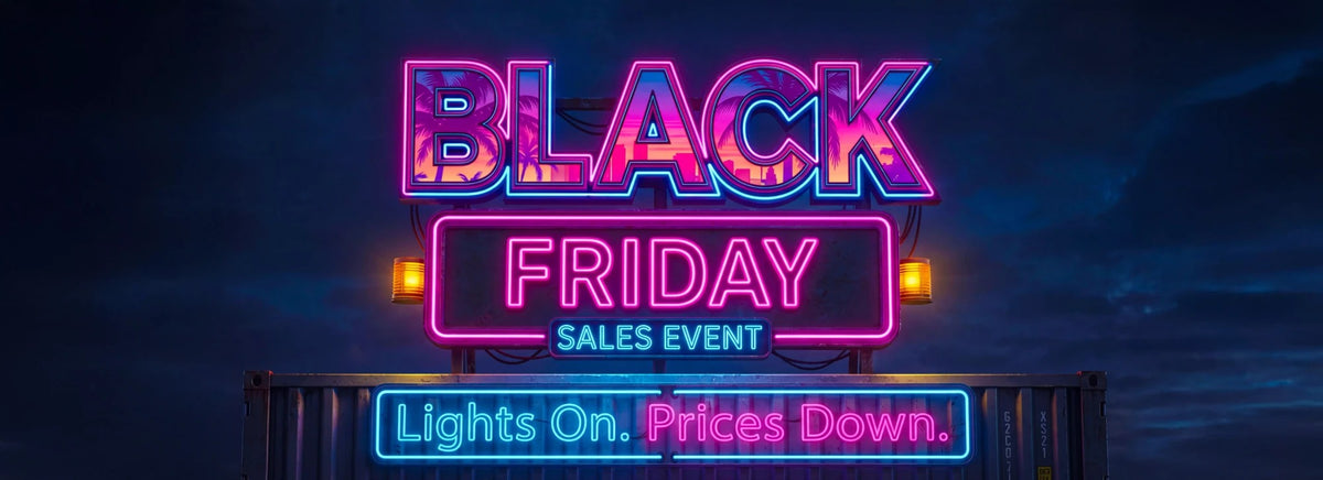 Black Friday. Lights On. Prices Down. Neon sign concept, slim