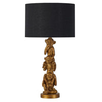 Lucy Sophisticated Three Monkey, Resin Table Lamp - Gold, Black Cloth Shade, 520mm High, PL0302