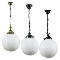 Sphere 10" Chain Pendant Light in Brass, Chrome, Patina Black with Opal Glass