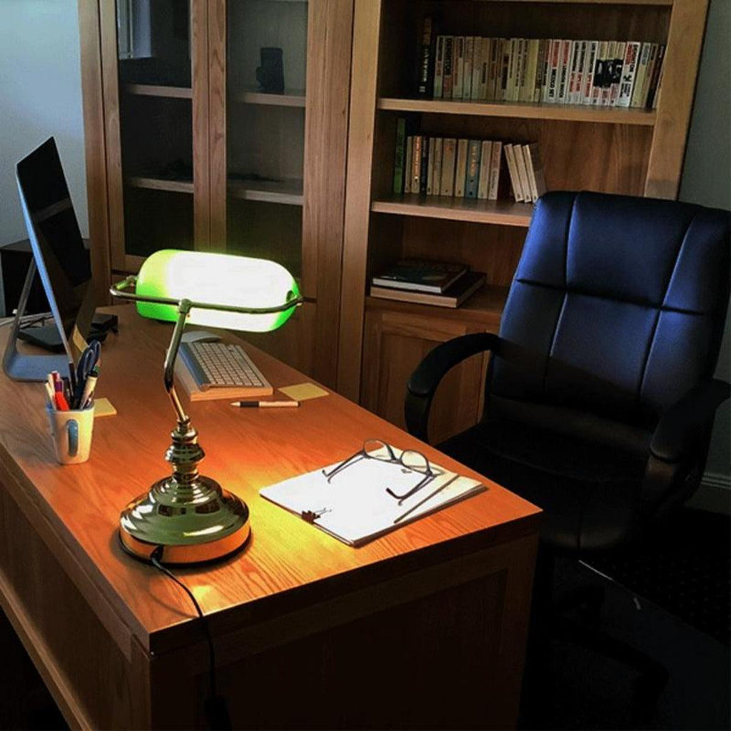 Cabinet Banker Lamp Gold Look Green Glass Shade Decorative Base Office and  Home Decoration!
